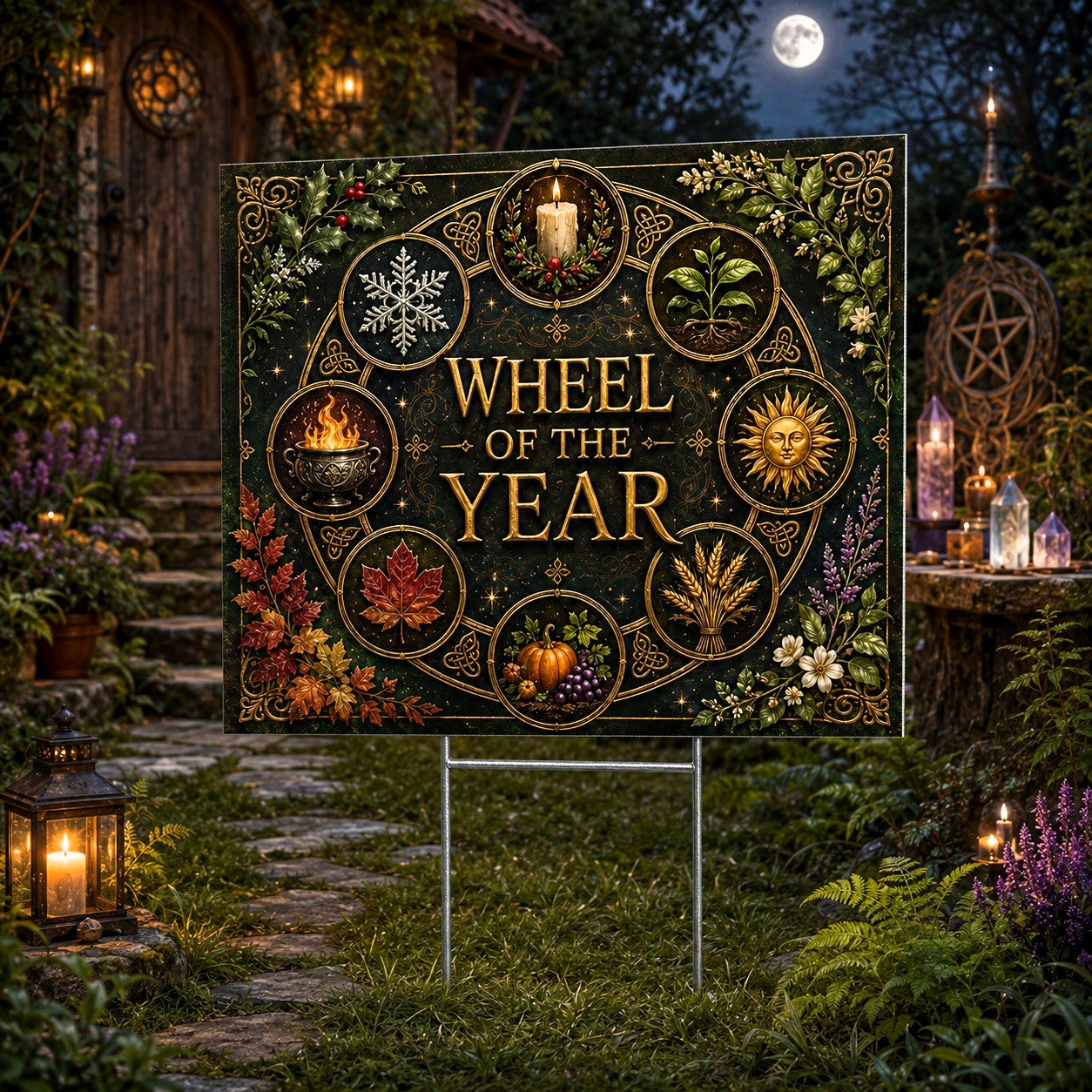 Wheel of the Year Seasonal Sun Wheel Wicca Yard Sign - porch scene