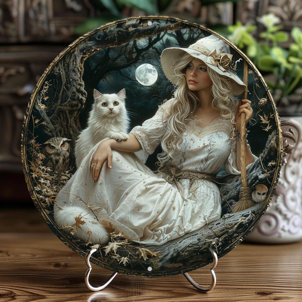 White Cat And Witch Metal Sign Enchanting Decor-MoonChildWorld