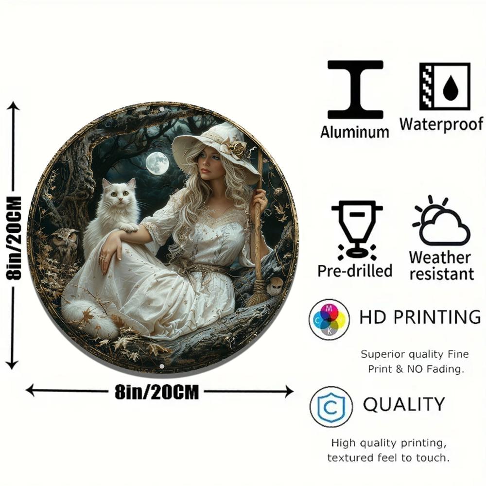 White Cat And Witch Metal Sign Enchanting Decor-MoonChildWorld