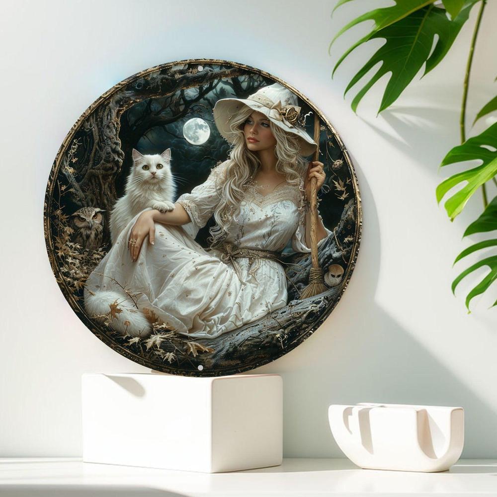White Cat And Witch Metal Sign Enchanting Decor-MoonChildWorld