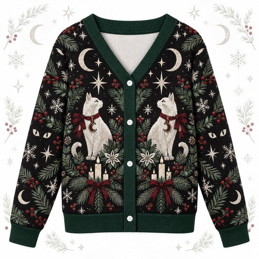 White Cat Moon Phase Christmas Cardigan for Women Witchy Yule Sweater, front view