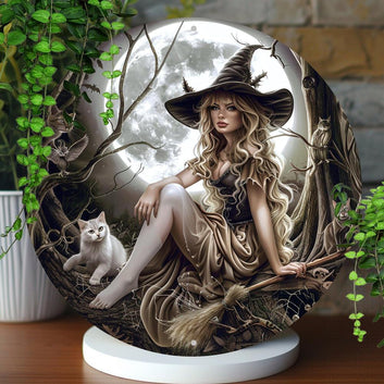White Cat and Vintage Witch Wall Art Occult Metal Sign For Halloween Witchy Wall Decor-MoonChildWorld