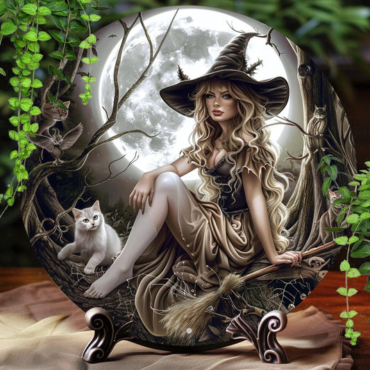 White Cat and Vintage Witch Wall Art Occult Metal Sign For Halloween Witchy Wall Decor-MoonChildWorld