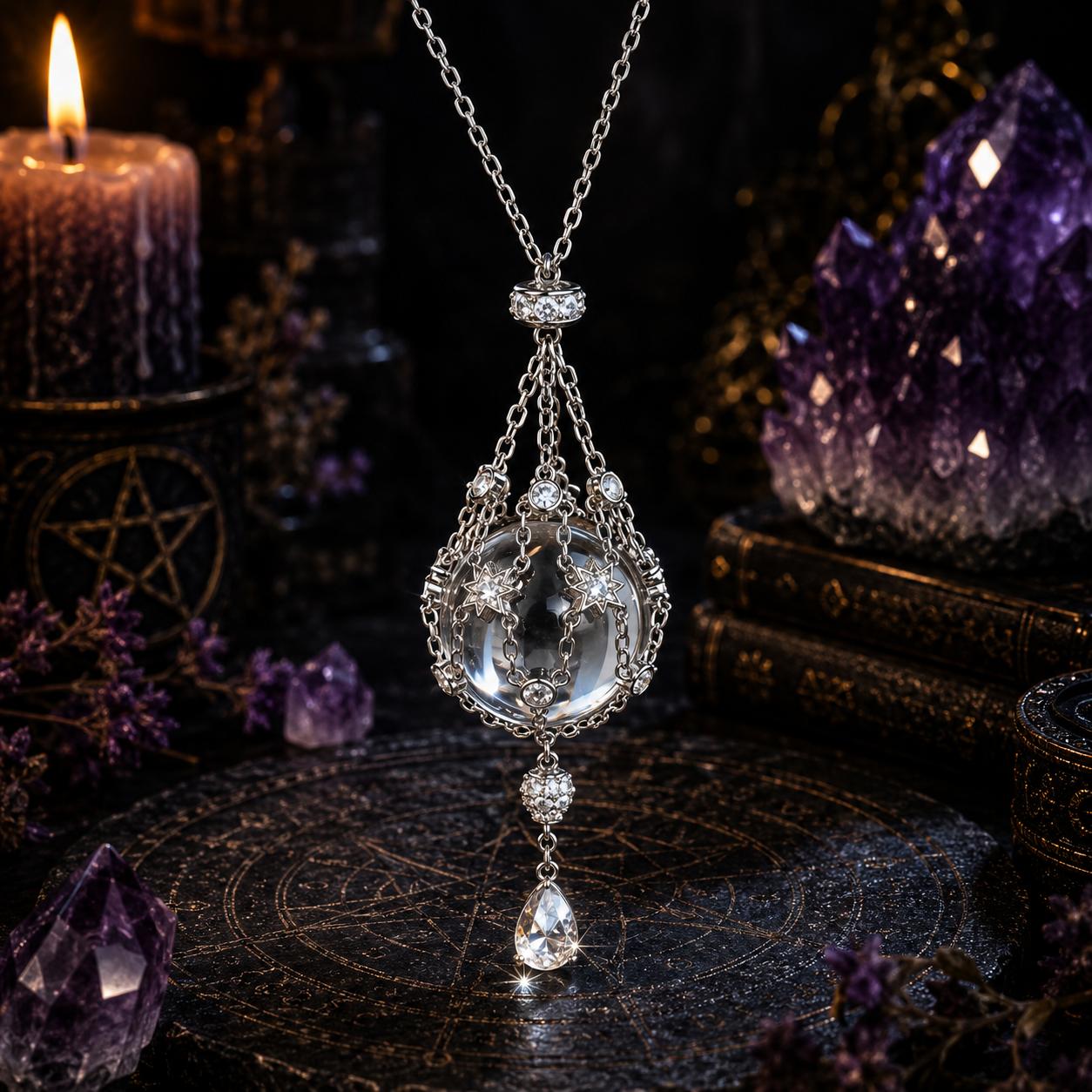 Gold and silver crystal mesh bag necklace pair – witchy celestial Pagan jewelry