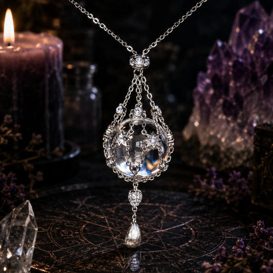 White Crystal Starry Mesh Bag Pendant Necklace - Magic Witchy Crystal Ball Necklace-MoonChildWorld