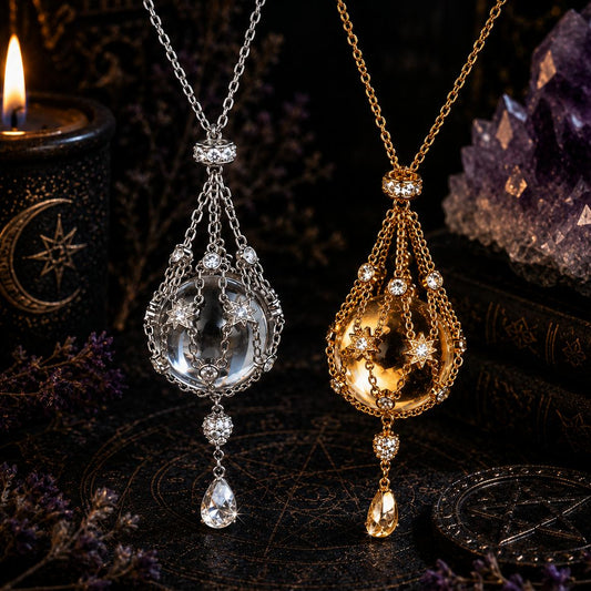 Two ornate necklaces with crystal pendants on a mystical background with candles and crystals.