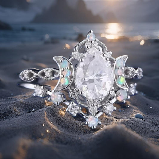 White Gemstones Triple Moon Ring Wiccan Jewelry-MoonChildWorld