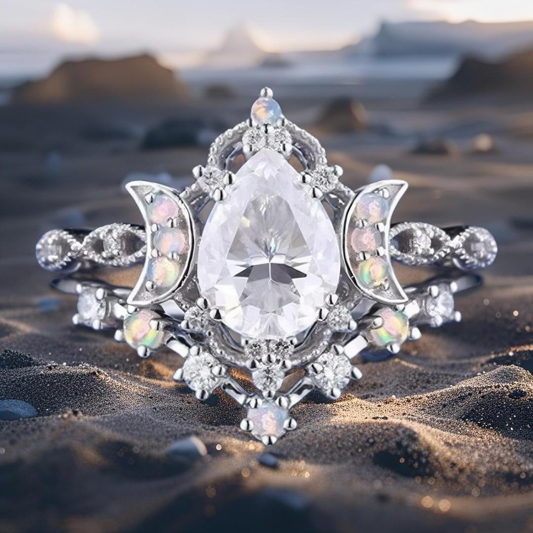 White Gemstones Triple Moon Ring Wiccan Jewelry-MoonChildWorld