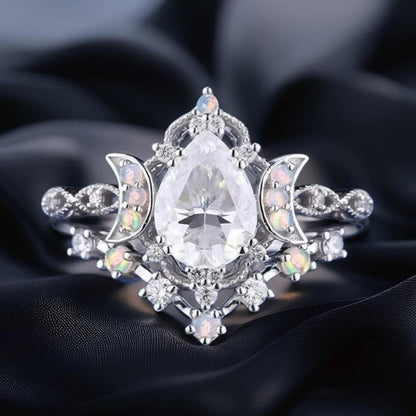White Gemstones Triple Moon Ring Wiccan Jewelry-MoonChildWorld