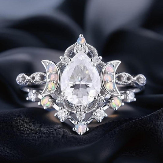 White Gemstones Triple Moon Ring Wiccan Jewelry-MoonChildWorld