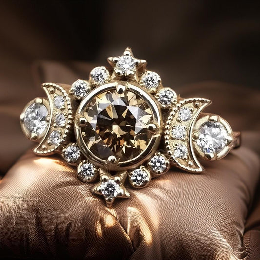 White Gold Crystal Wicca Pagan Triple Moon Ring Witch Jewelry-MoonChildWorld