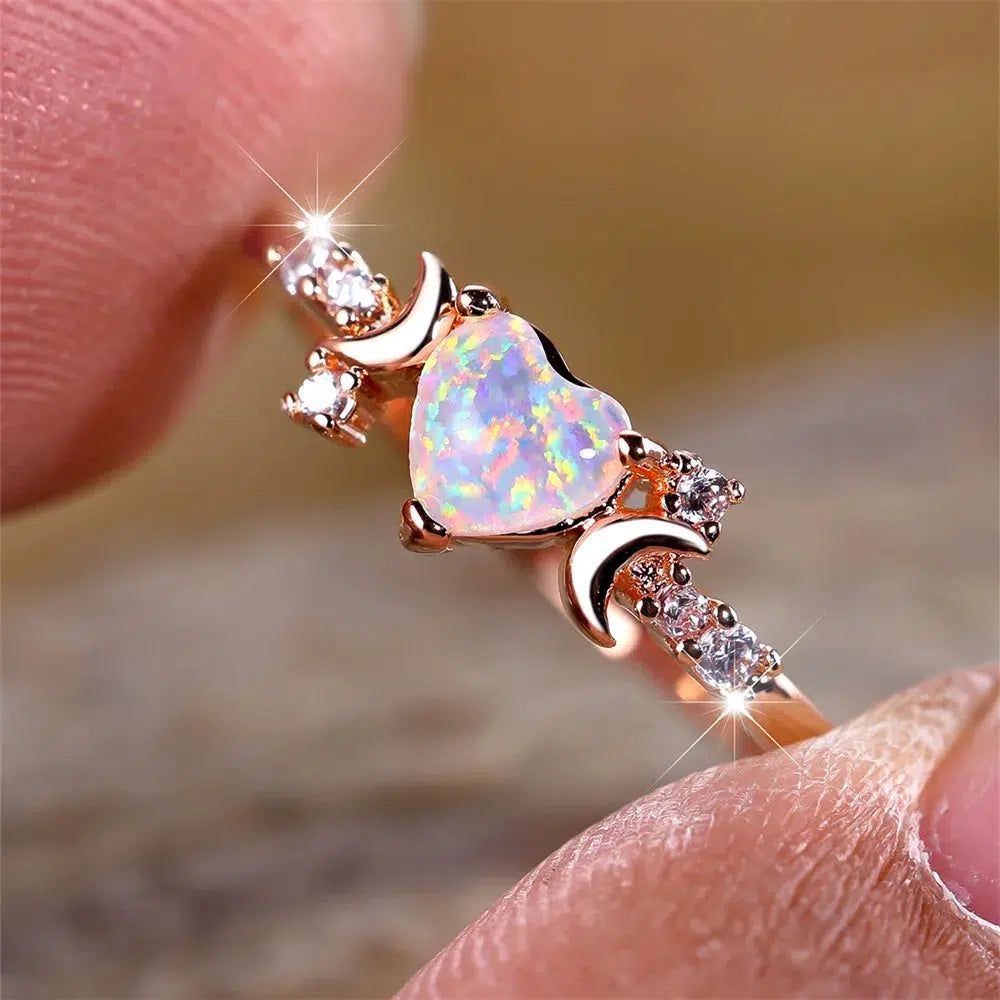 White Opal Heart Triple Moon Ring-MoonChildWorld