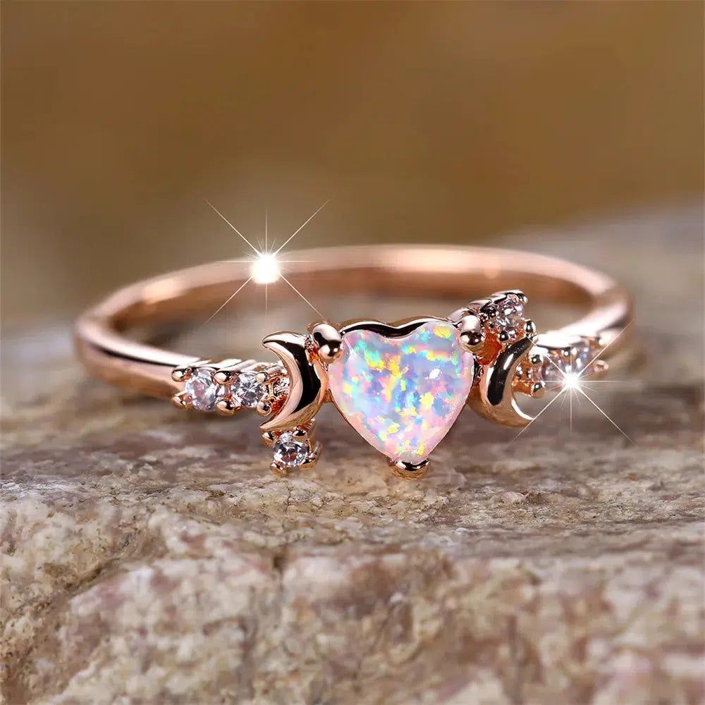 White Opal Heart Triple Moon Ring-MoonChildWorld