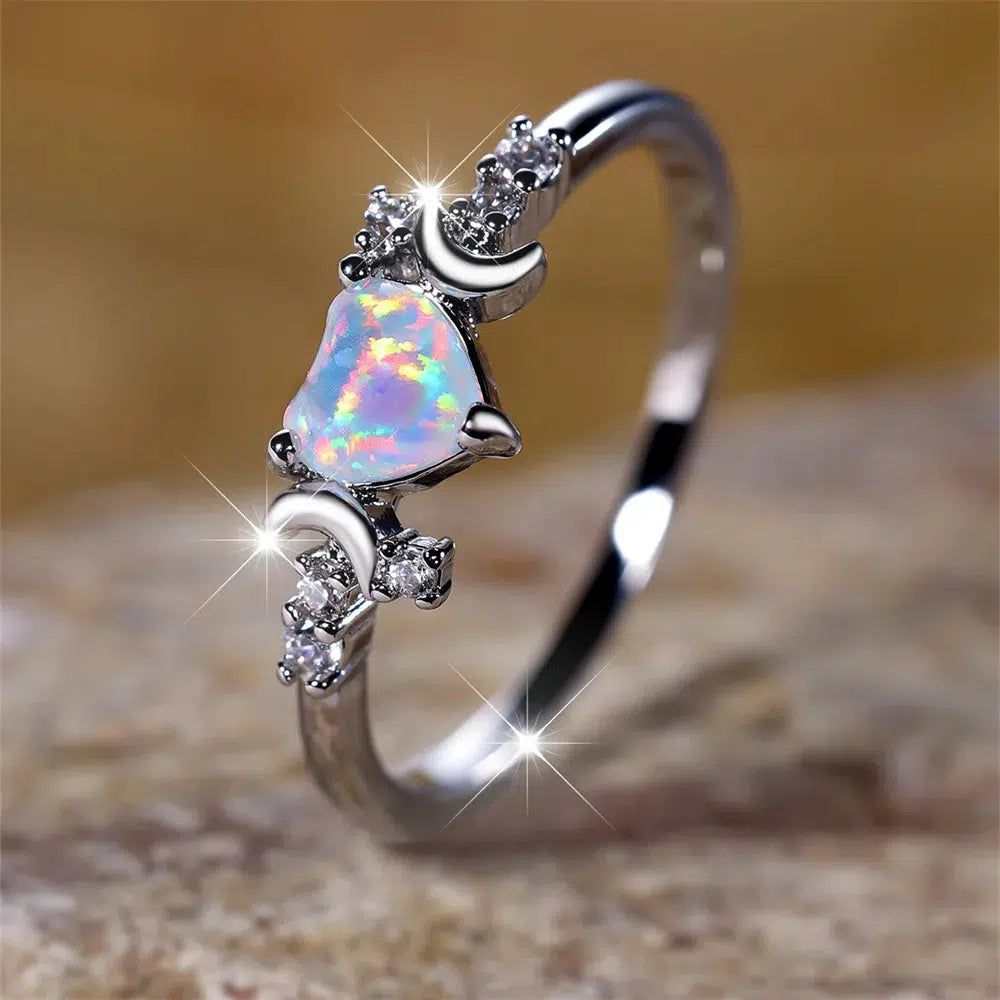 White Opal Heart Triple Moon Ring-MoonChildWorld