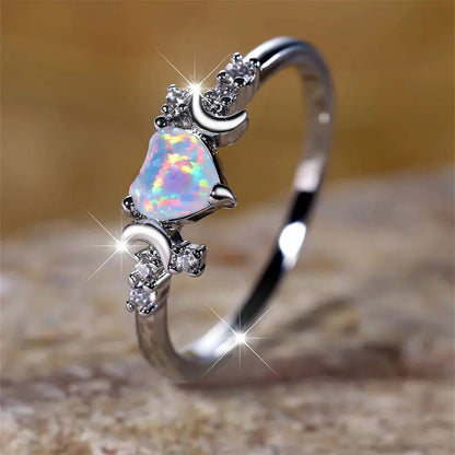White Opal Heart Triple Moon Ring-MoonChildWorld