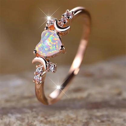 White Opal Heart Triple Moon Ring-MoonChildWorld