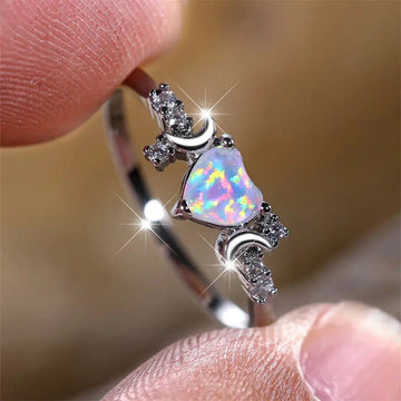 White Opal Heart Triple Moon Ring-MoonChildWorld