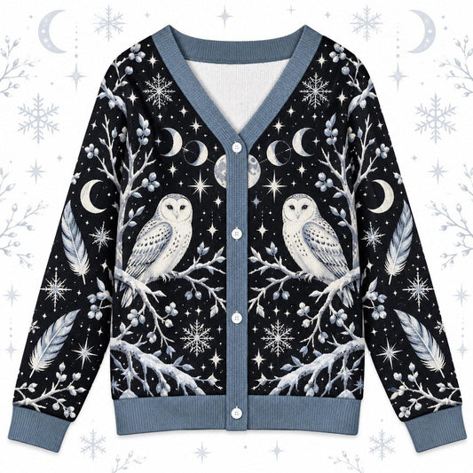 White Owl Full Moon Witchy Cardigan for Women Gothic Winter Sweater, front view
