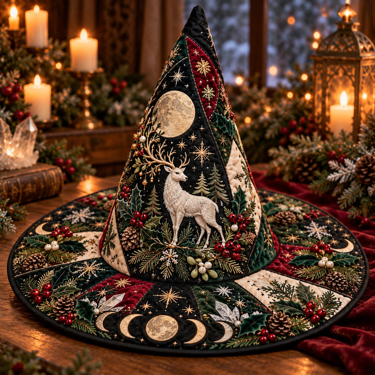 White Stag Quilted Witch Hat – Pagan Moon Phase Solstice Wide Brim Hat – on an altar table