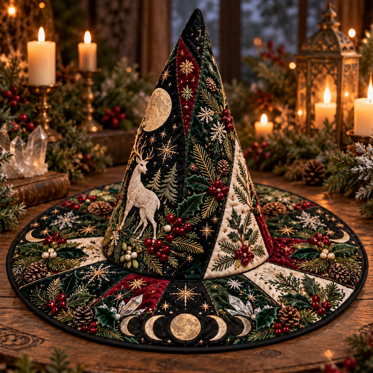 White Stag Quilted Witch Hat – Pagan Moon Phase Solstice Wide Brim Hat – on an altar table