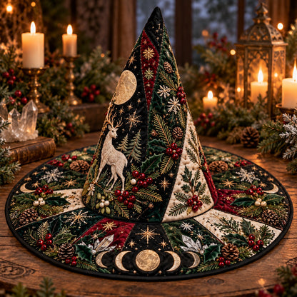 White Stag Quilted Witch Hat – Pagan Moon Phase Solstice Wide Brim Hat – on an altar table