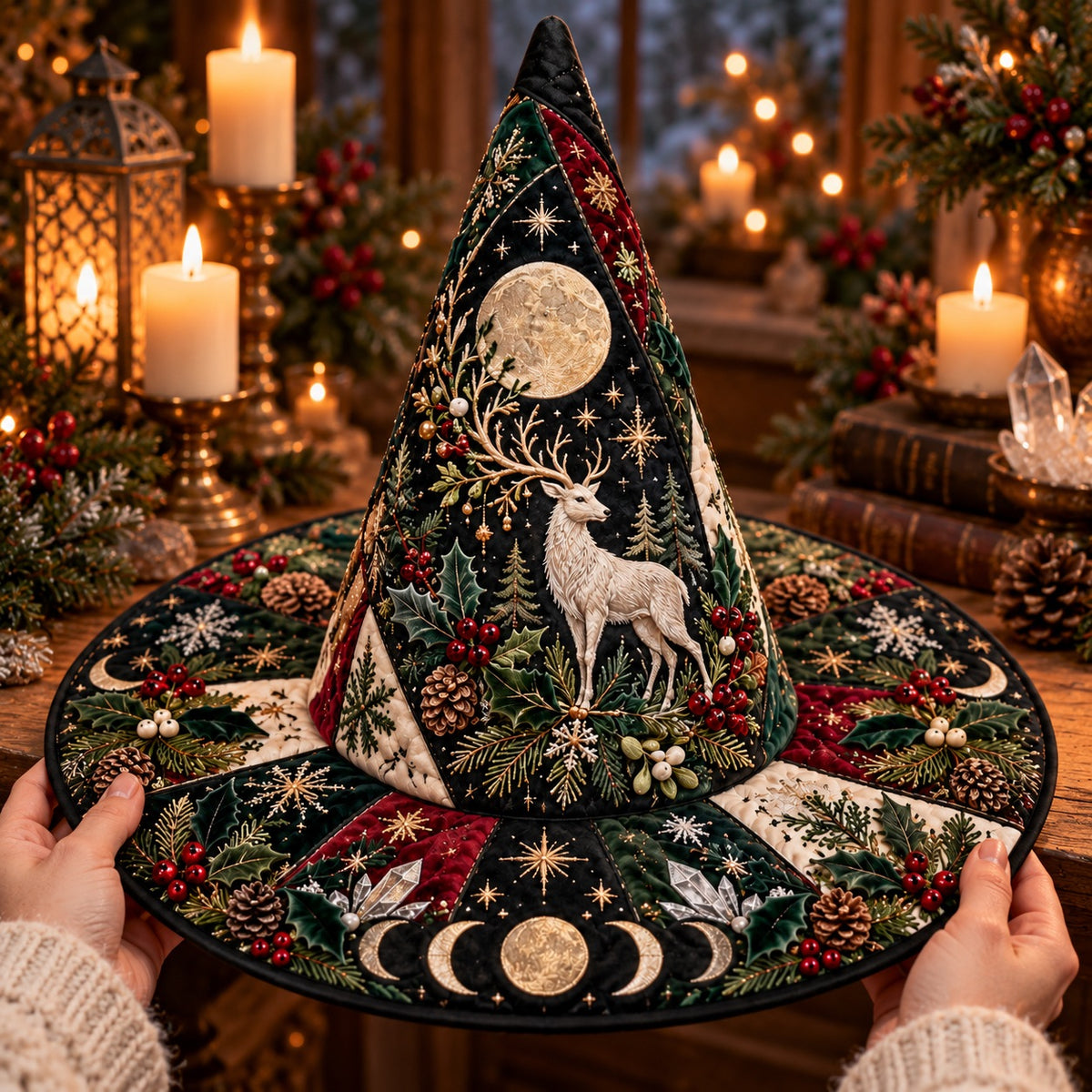White Stag Quilted Witch Hat – Pagan Moon Phase Solstice Wide Brim Hat – held in both hands
