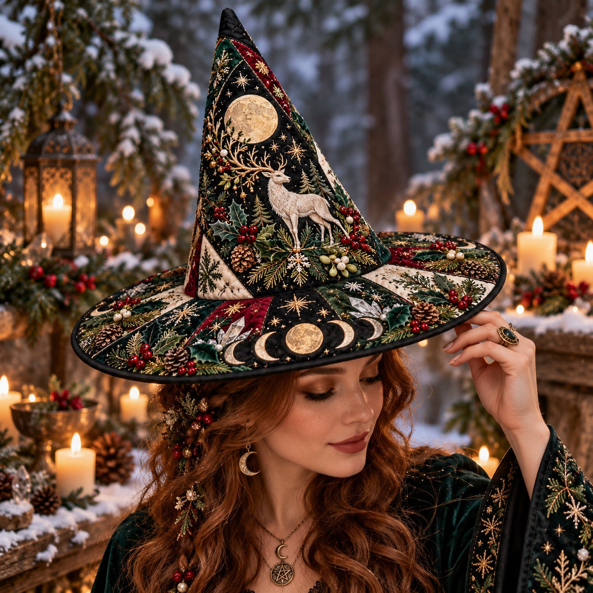 White Stag Quilted Witch Hat – Pagan Moon Phase Solstice Wide Brim Hat – worn by a model