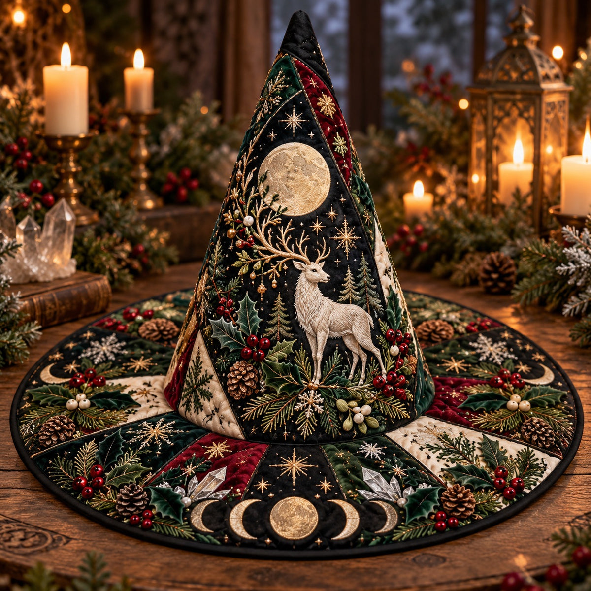 White Stag Quilted Witch Hat – Pagan Moon Phase Solstice Wide Brim Hat – styled with candles and crystals