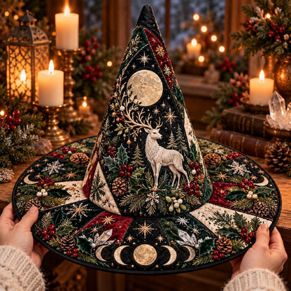 White Stag Quilted Witch Hat – Pagan Moon Phase Solstice Wide Brim Hat – held in both hands