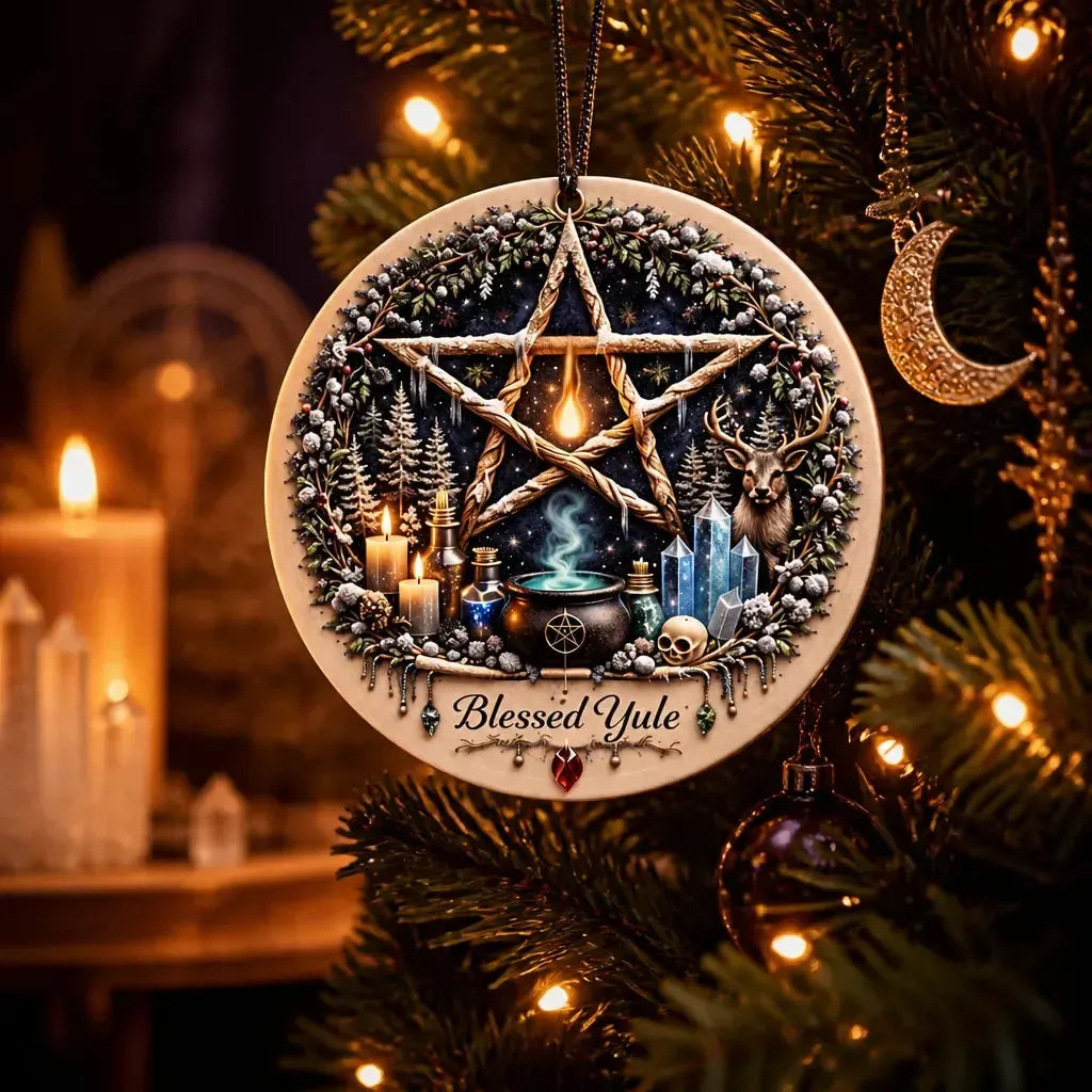 Wicca Altar Pentacle Yule Ceramic Ornament – Witchcraft Christmas Tree Charm_mockup_1.webp