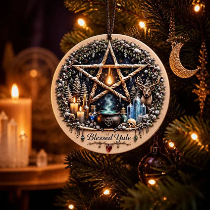 Wicca Altar Pentacle Yule Ceramic Ornament – Witchcraft Christmas Tree Charm_mockup_1.webp