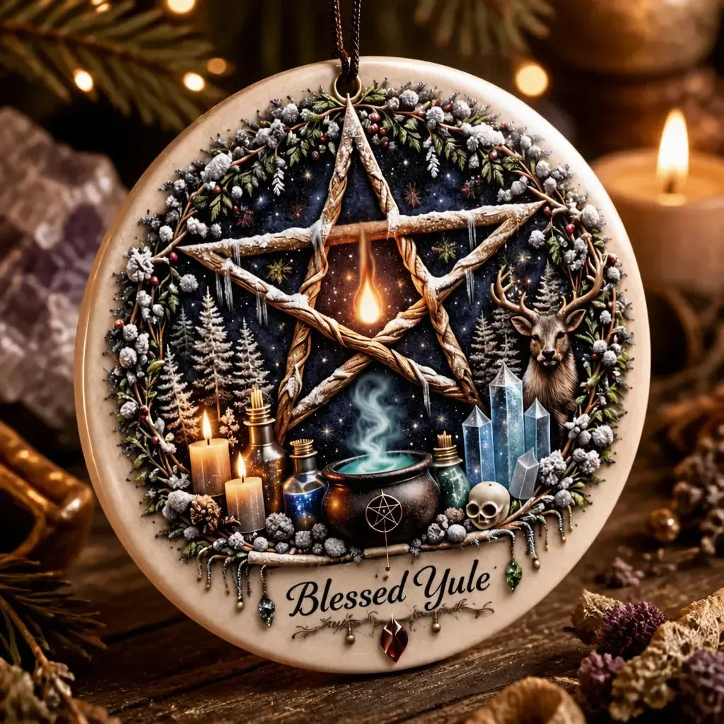 Wicca Altar Pentacle Yule Ceramic Ornament – Witchcraft Christmas Tree Charm_mockup_2.webp