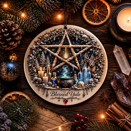 Wicca Altar Pentacle Yule Ceramic Ornament – Witchcraft Christmas Tree Charm_mockup_3.webp