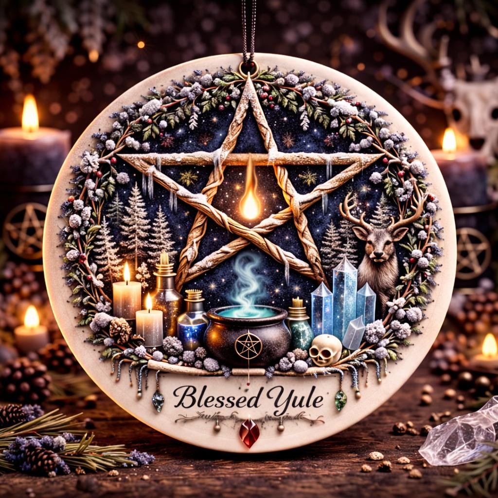 Round ceramic Yule ornament with a central wooden pentacle, winter foliage, candles, crystals, and "Blessed Yule.