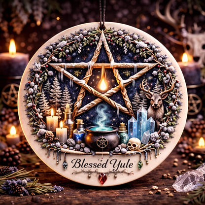 Round ceramic Yule ornament with a central wooden pentacle, winter foliage, candles, crystals, and "Blessed Yule.