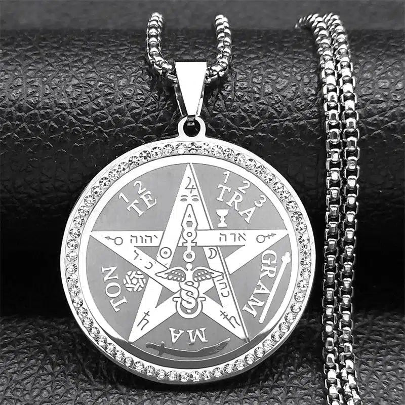 Striking stainless steel Wicca Amulet Pentacle Necklace with Rhinestone accents, featuring a magical witchy design.