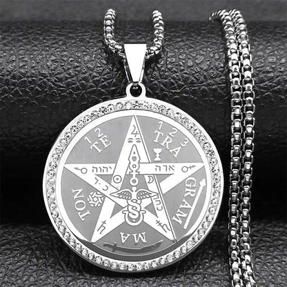 Striking stainless steel Wicca Amulet Pentacle Necklace with Rhinestone accents, featuring a magical witchy design.