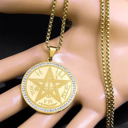 Gorgeous gold-hued stainless steel Wicca Amulet Pentacle Necklace with sparkling Rhinestone accents.