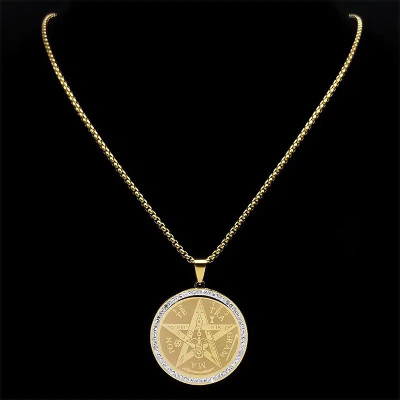 Gorgeous gold-hued stainless steel Wicca Amulet Pentacle Necklace with Rhinestone accents.