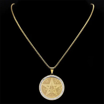 Gorgeous gold-hued stainless steel Wicca Amulet Pentacle Necklace with Rhinestone accents.