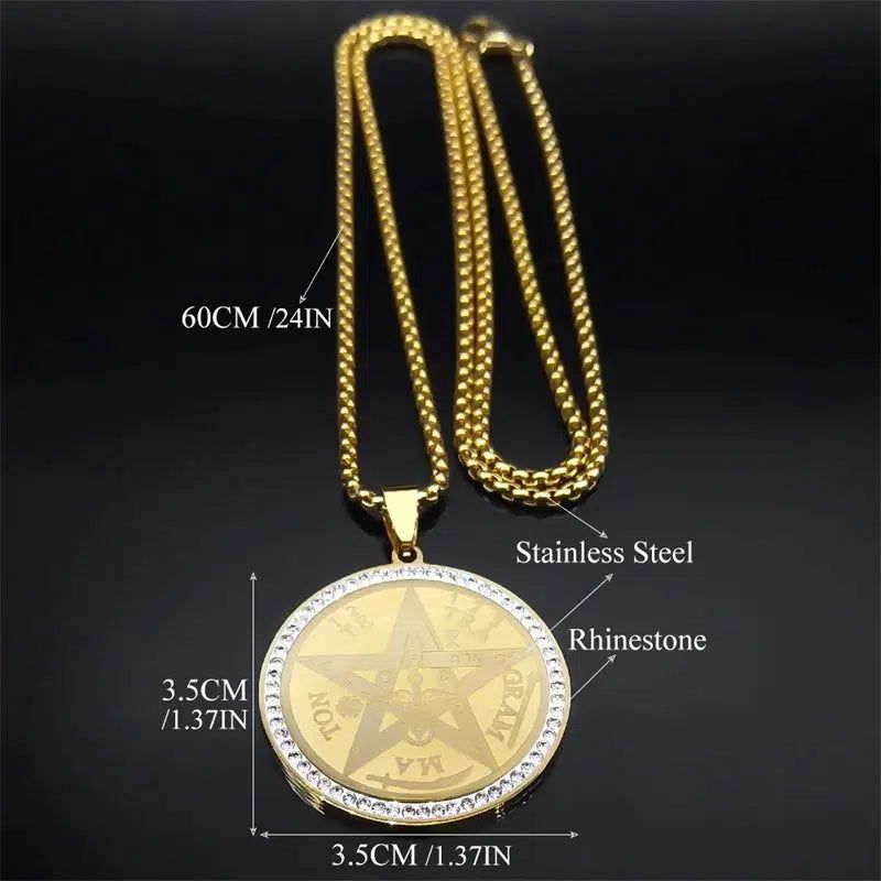 Gorgeous gold-hued stainless steel Wicca Amulet Pentacle Necklace with dazzling rhinestone accents.