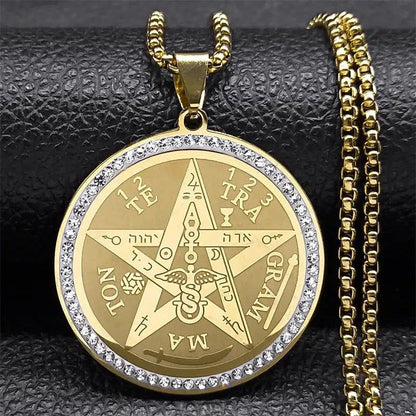 Gorgeous gold-hued stainless steel Wicca Amulet Pentacle Necklace with sparkling Rhinestone accents.
