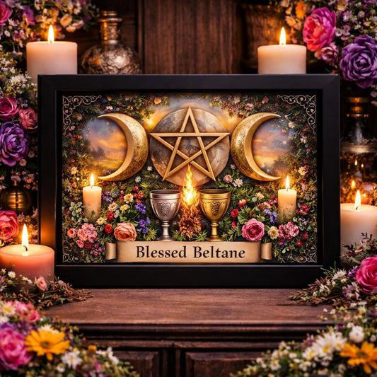 Wicca Beltane Triple Moon Black Framed Art Print - Mystical Canvas Wall Art for Pagan Home Decor-MoonChildWorld