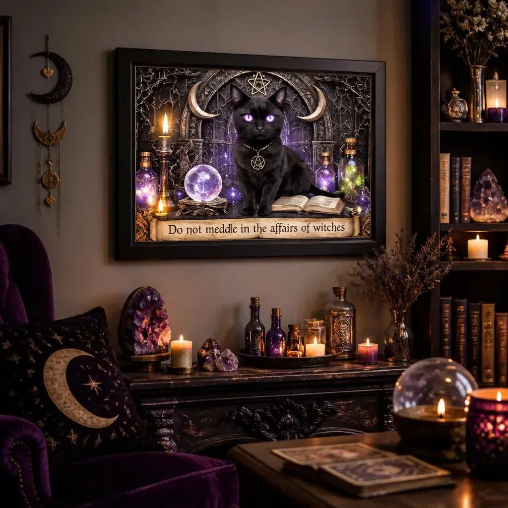 Wicca Black Cat Black Framed Art Print - Witchy Canvas Wall Art for Gothic Home Decor_mockup_1.webp