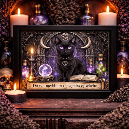 Wicca Black Cat Black Framed Art Print - Witchy Canvas Wall Art for Gothic Home Decor-MoonChildWorld