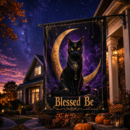 Wicca Black Cat house flag displayed outdoors on a garden flag stand