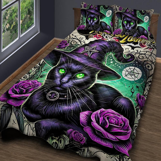 Wicca Black Cat Quilt Bedding Set for Witchy Decor-MoonChildWorld