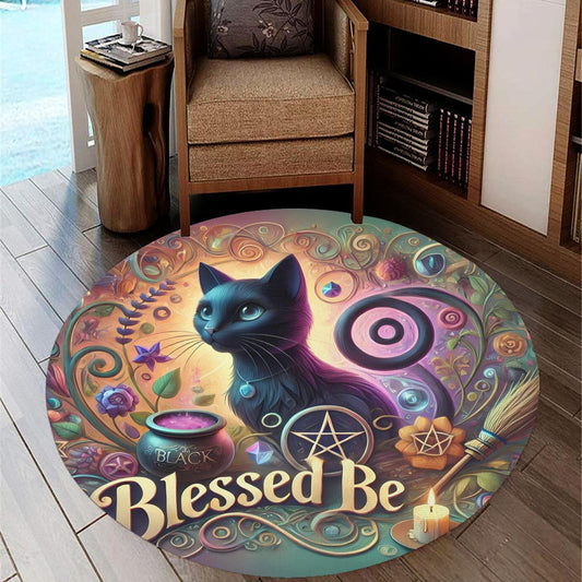 Wicca Black Cat Round Rug Witchy Cat Carpet for Pagan Home Decor-MoonChildWorld