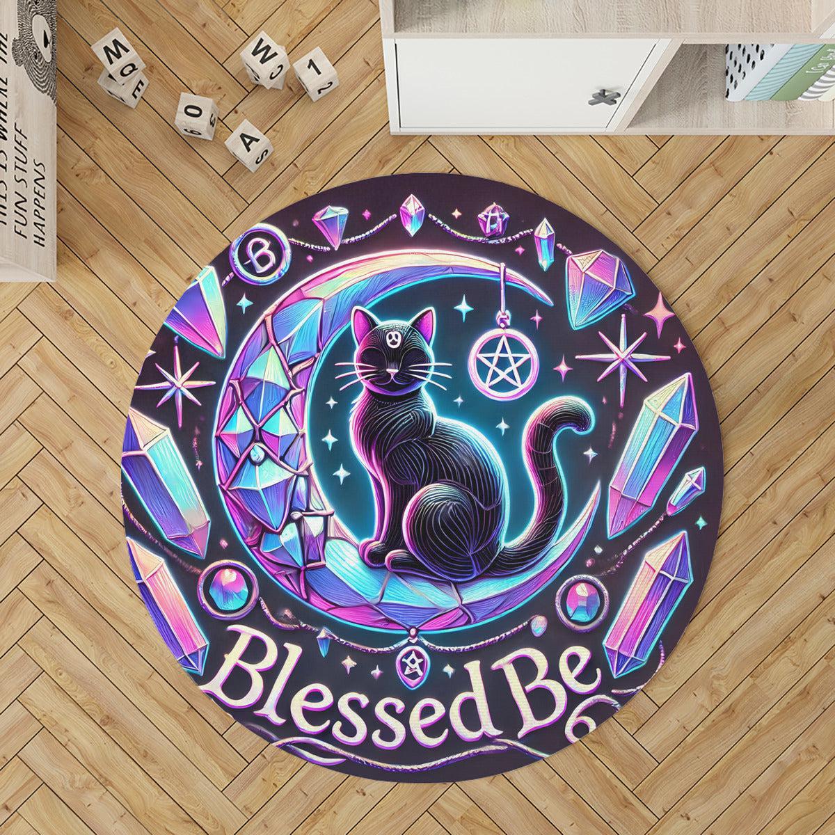 Wicca Black Cat Round Rug Witchy Cat on the Moon Carpet Wiccan Home Decor-MoonChildWorld