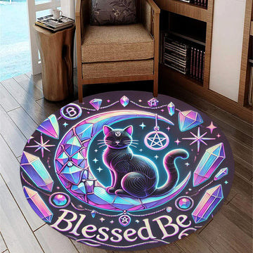Wicca Black Cat Round Rug Witchy Cat on the Moon Carpet Wiccan Home Decor-MoonChildWorld
